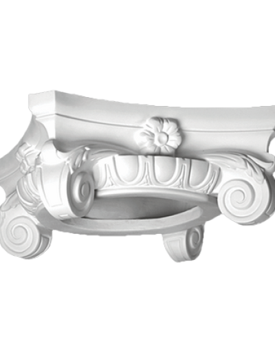Capitel decorativ alb, detaliat, cu volute si element floral.