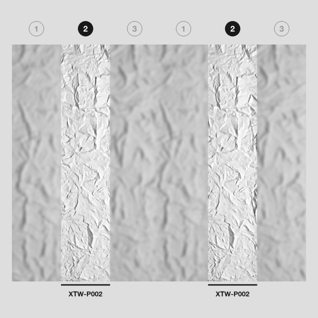 Panou decorativ vopsibil XTW-P002, vedere pe toată înălțimea de 2,9 m, relief cu planuri unghiulare, fațetate, care amintesc de o stâncă spartă