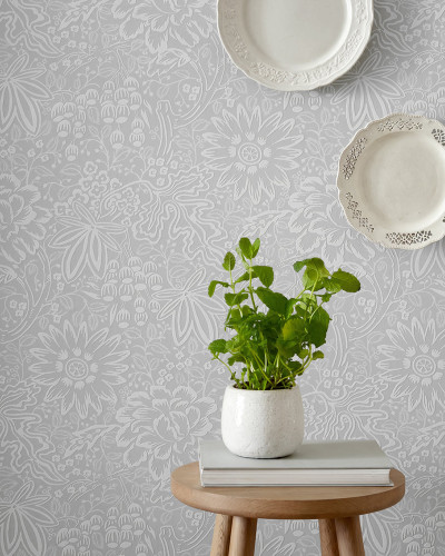 Tapet cu model floral cu bujori, Pewter Grey