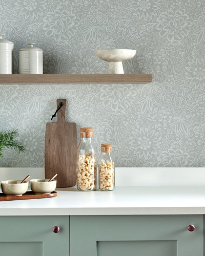 Tapet cu model floral cu bujori, Pewter Grey