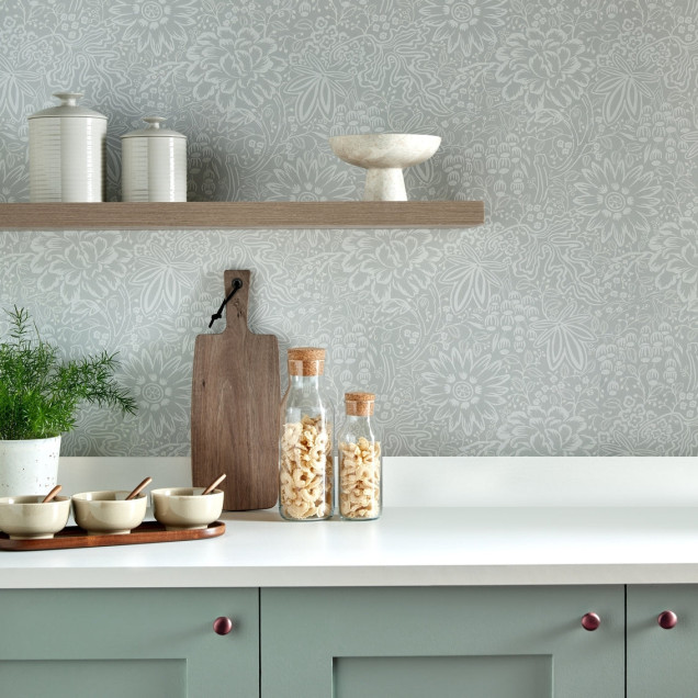 Tapet cu model floral cu bujori, Pewter Grey
