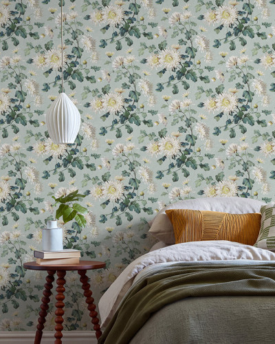 Tapet cu model floral cu crizanteme, Teal