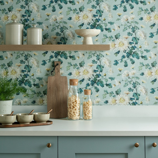 Tapet cu model floral cu crizanteme, Teal