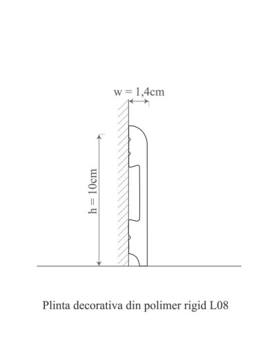 Plintă albă din polimer rigid instalată la baza unui perete albastru, cu parchet din lemn închis la culoare. Prezintă un finisaj curat și un canal pentru cabluri.