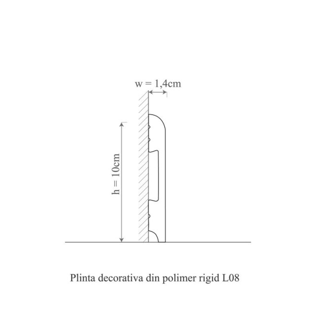 Plintă albă din polimer rigid instalată la baza unui perete albastru, cu parchet din lemn închis la culoare. Prezintă un finisaj curat și un canal pentru cabluri.
