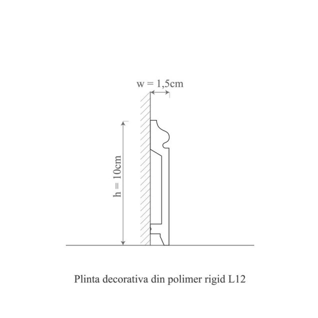 Plintă polimer rigidă albă, de 10 cm înălțime, instalată la baza unui perete albastru, pe o pardoseală din lemn maro.