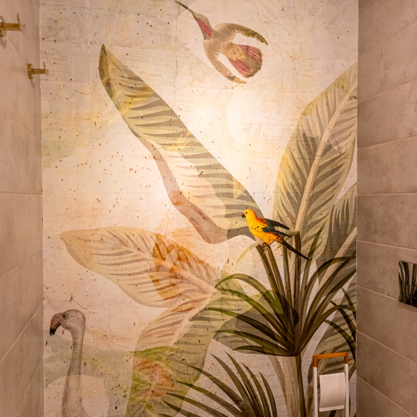 Tapet Bright Sensation cu păsări tropicale vibrante și frunze luxuriante, pe un fundal delicat de beton
