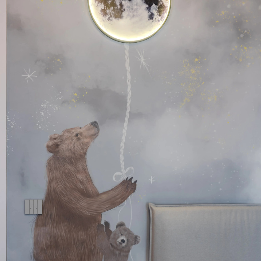 Tapet camera copil cu urs si luna, design pastel, ideal pentru un decor magic