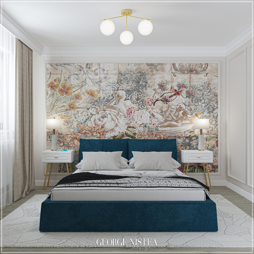 Tapet vintage cu flori delicate si pasarele multicolore
