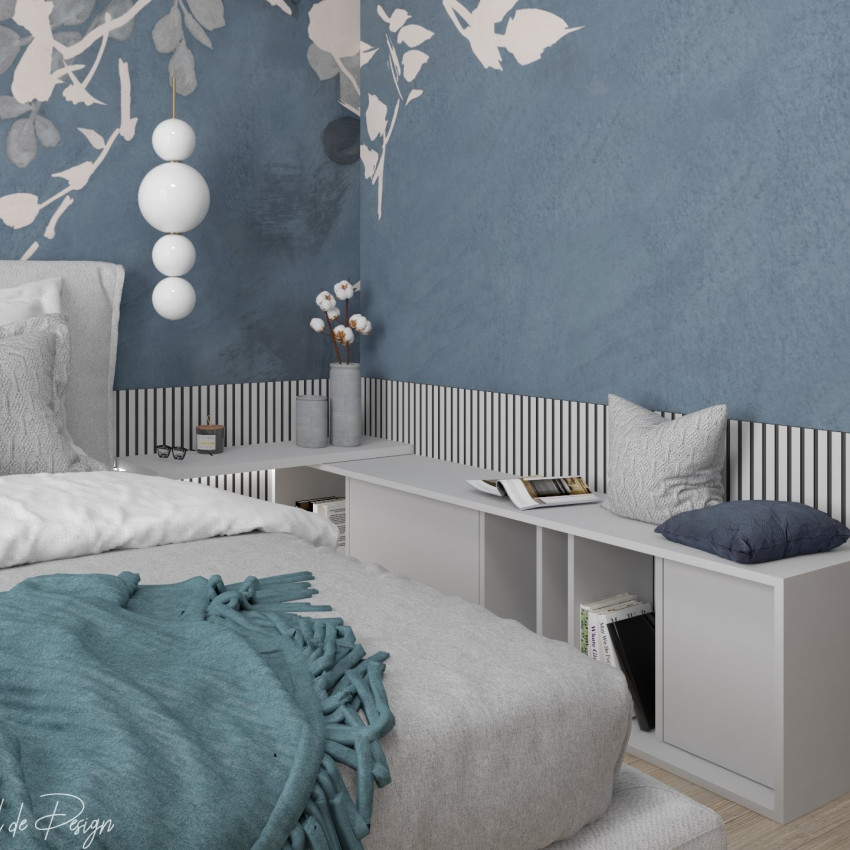Tapet cu design minimalist, cu frunze albe pe un fundal albastru închis.