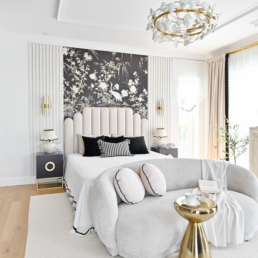 Tapet 3D alb cu linii aurii, design modern, living