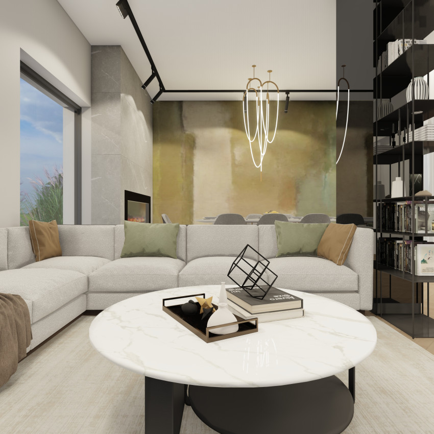 Tapet modern cu design minimalist și accente de culoare caldă.