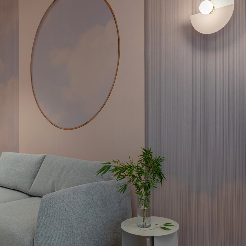 Tapet Paradiso, Variant 1, cu un design modern, minimalist, cu nuanțe de gri și un cerc auriu.