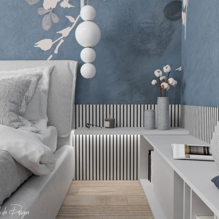 Tapet cu design minimalist, cu frunze albe pe un fundal albastru închis.