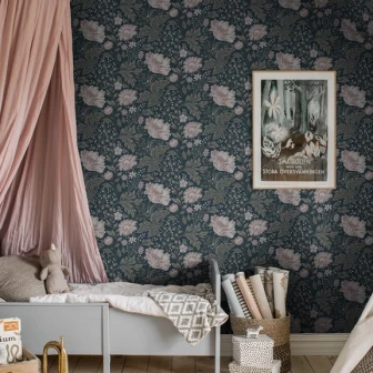 Tapet lavabil cu design floral Ava Dark Blue, culoare albastru închis