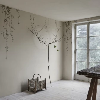 Tapet lavabil Wabi Sabi Light Grey, cu un design minimalist inspirat de natura, cu ramuri delicate si frunze delicate.