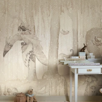 Dream Forest Girl Off White wallpaper with a girl flying on a mythical creature through a dreamy forest